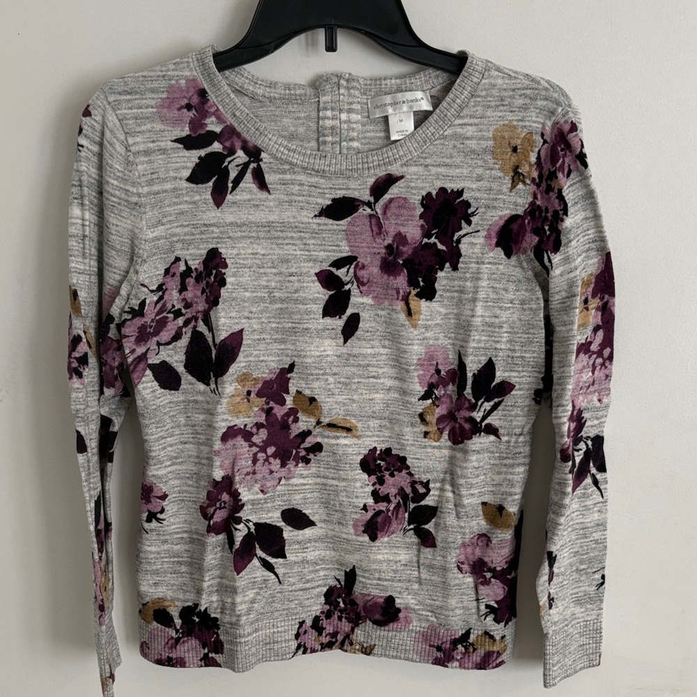 Petite Floral Crewneck Sweater - Gray with Purple & Tan Flower Print